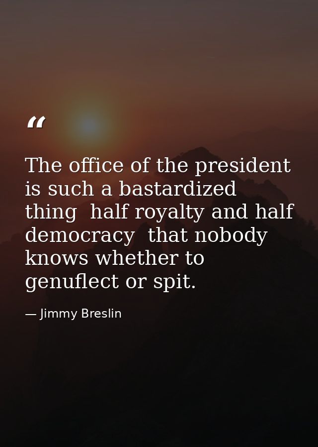The office of the president is such a bastardized thing  half royalty and half democracy  that nobody knows whether to g — Jimmy Breslin