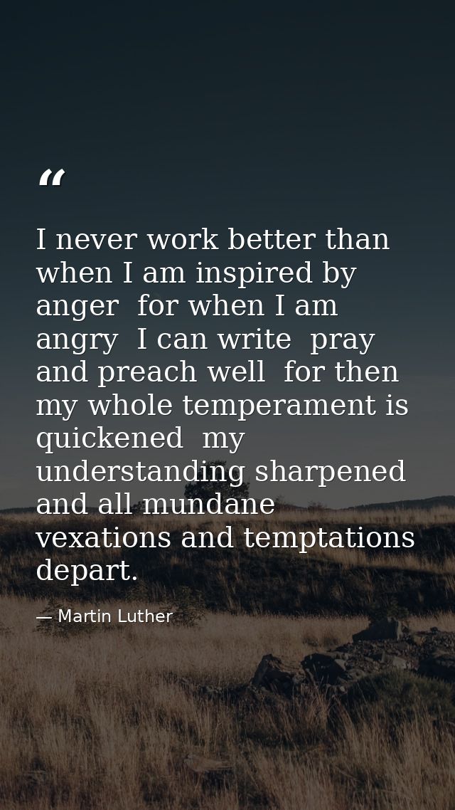 I never work better than when I am inspired by anger  for when I am angry  I can write  pray  and preach well  for then  — Martin Luther