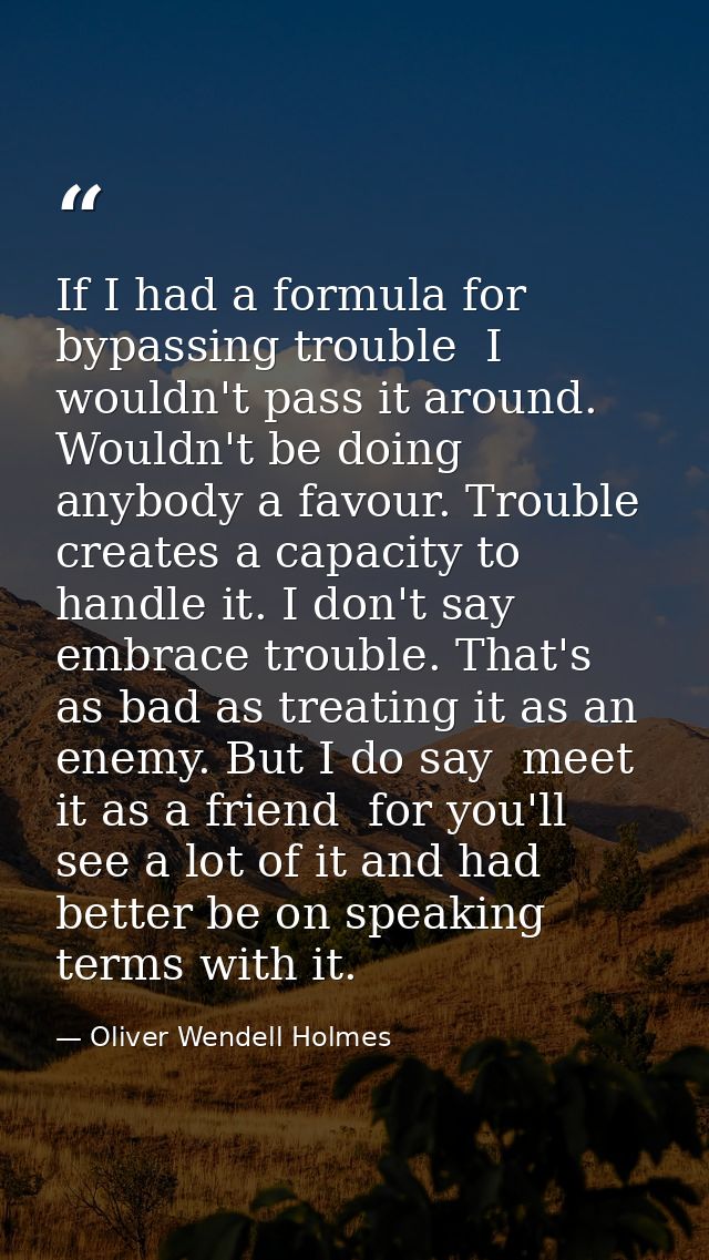 If I had a formula for bypassing trouble  I wouldn't pass it around. Wouldn't be doing anybody a favour. Trouble creates — Oliver Wendell Holmes