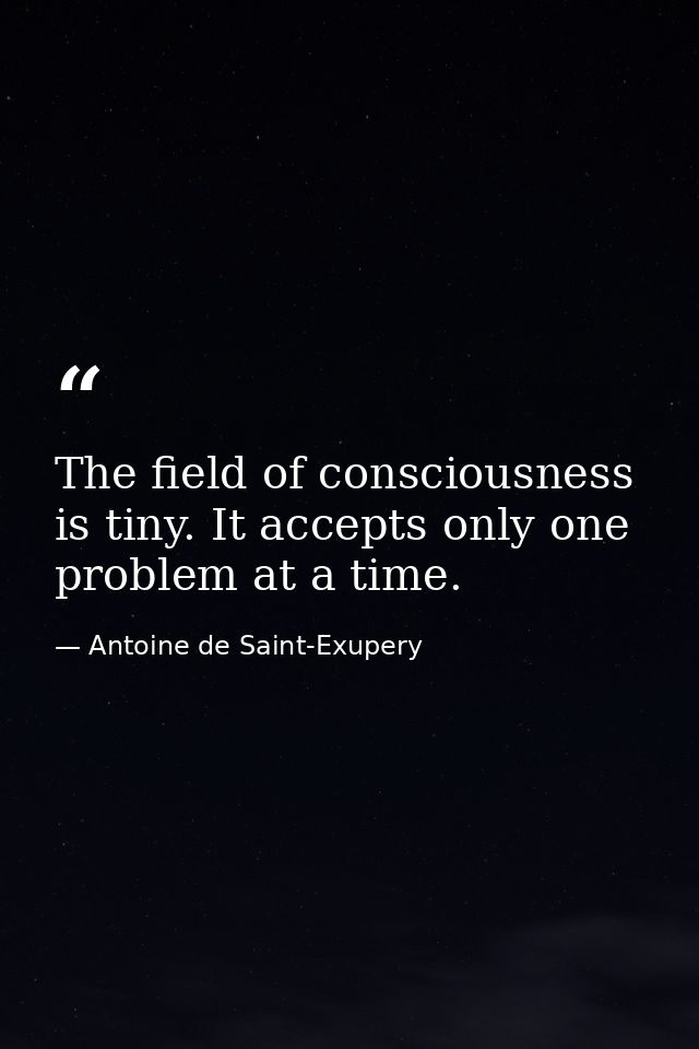 The field of consciousness is tiny. It accepts only one problem at a time. — Antoine de Saint-Exupery