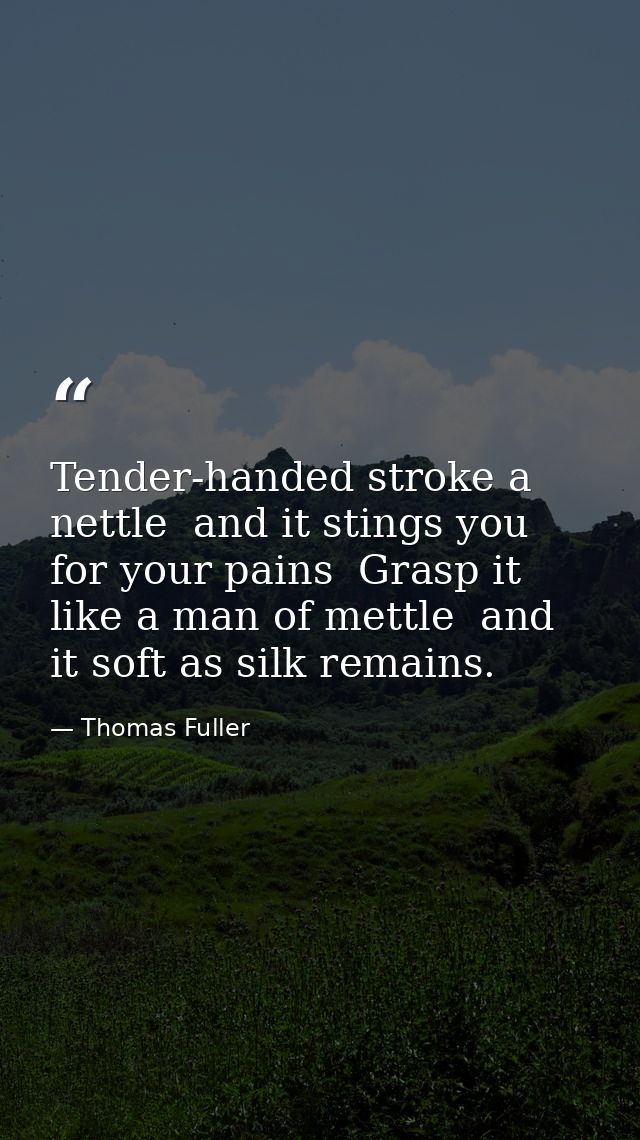 Tender-handed stroke a nettle  and it stings you for your pains  Grasp it like a man of mettle  and it soft as silk rema — Thomas Fuller