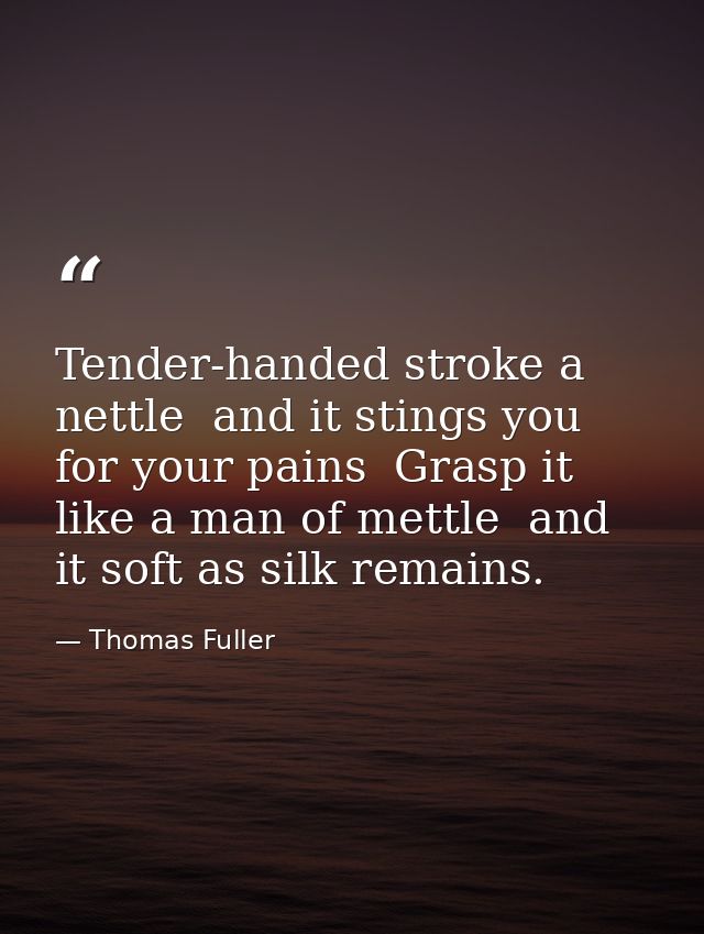 Tender-handed stroke a nettle  and it stings you for your pains  Grasp it like a man of mettle  and it soft as silk rema — Thomas Fuller