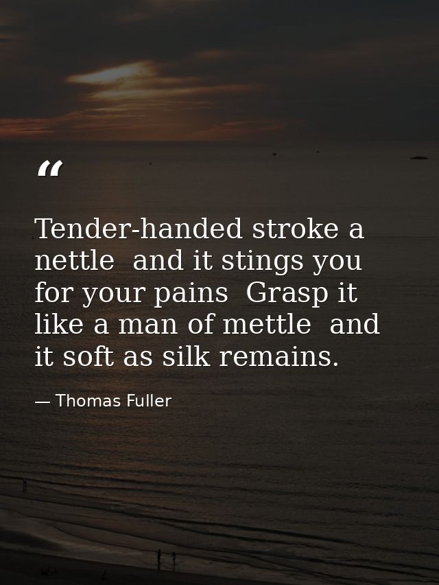 Tender-handed stroke a nettle  and it stings you for your pains  Grasp it like a man of mettle  and it soft as silk rema — Thomas Fuller