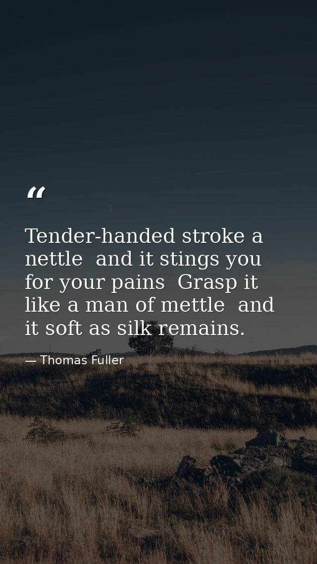 Tender-handed stroke a nettle  and it stings you for your pains  Grasp it like a man of mettle  and it soft as silk rema — Thomas Fuller
