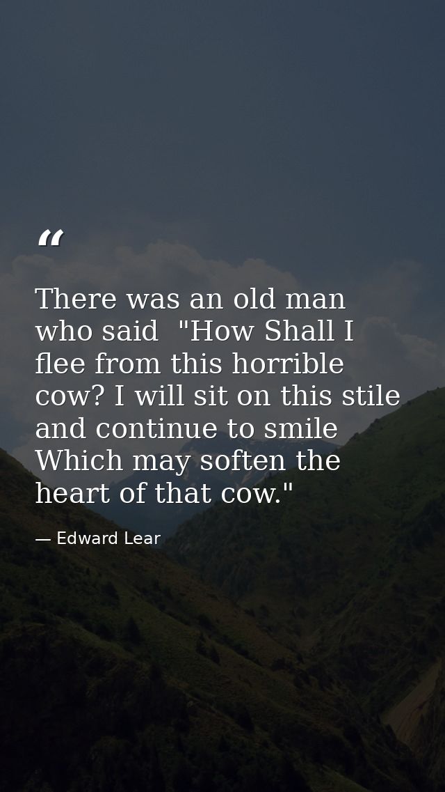 There was an old man who said  "How Shall I flee from this horrible cow? I will sit on this stile  and continue to smile — Edward Lear
