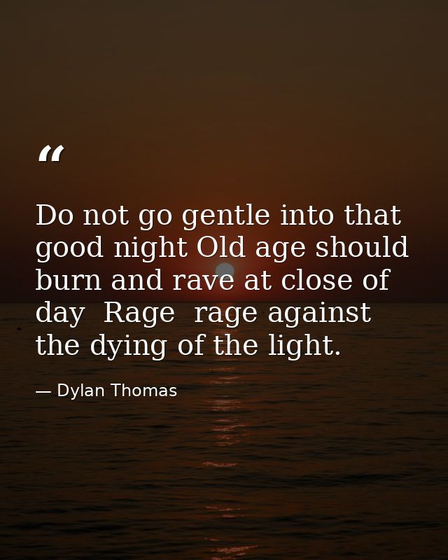 Do not go gentle into that good night Old age should burn and rave at close of day  Rage  rage against the dying of the  — Dylan Thomas