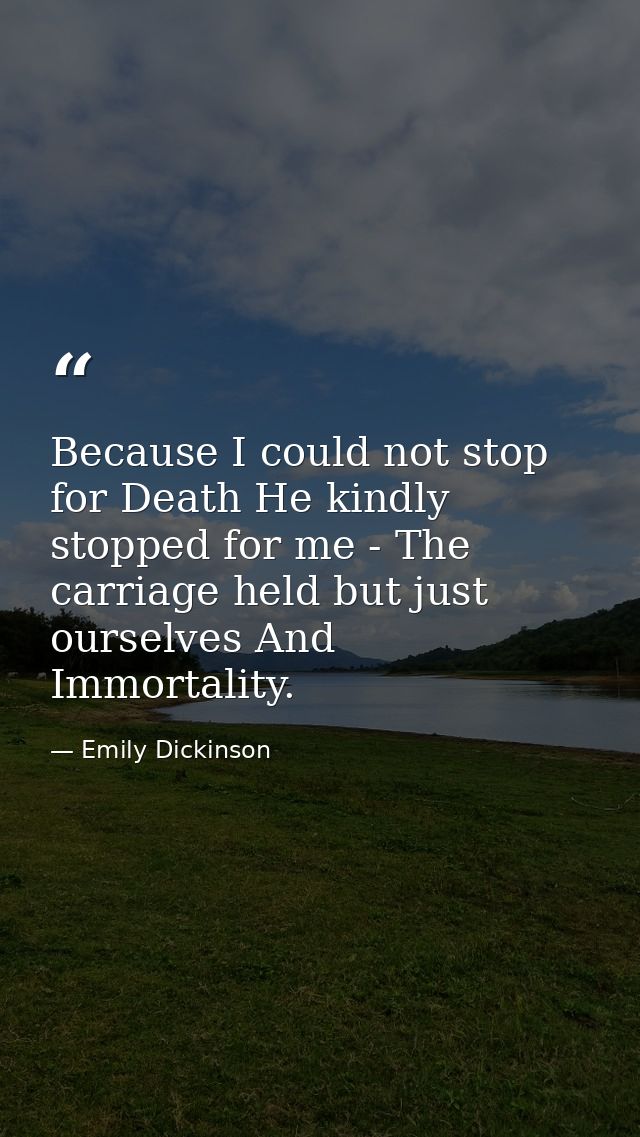 Because I could not stop for Death He kindly stopped for me - The carriage held but just ourselves And Immortality. — Emily Dickinson