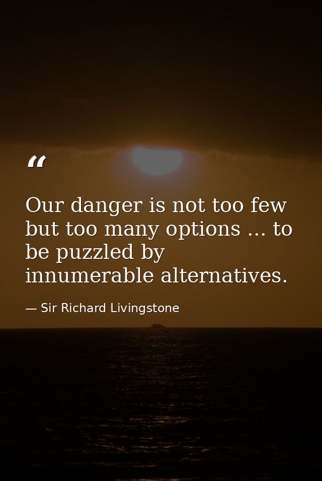 Our danger is not too few  but too many options ... to be puzzled by innumerable alternatives. — Sir Richard Livingstone