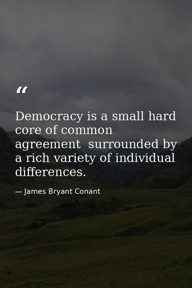 Democracy is a small hard core of common agreement  surrounded by a rich variety of individual differences. — James Bryant Conant