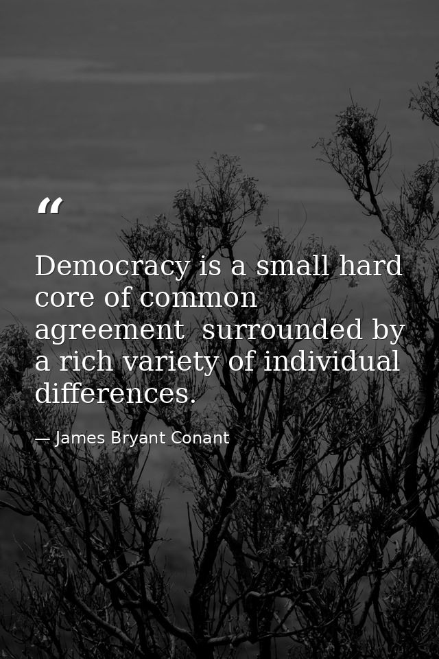 Democracy is a small hard core of common agreement  surrounded by a rich variety of individual differences. — James Bryant Conant