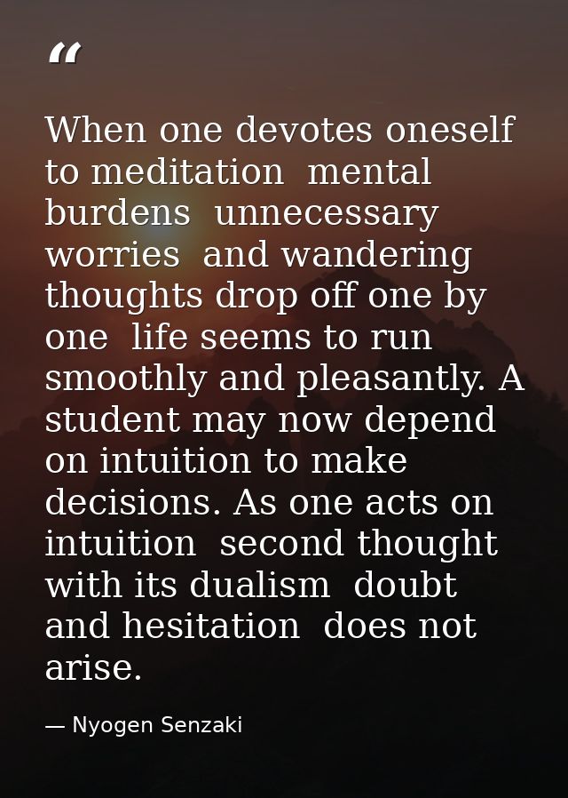 When one devotes oneself to meditation  mental burdens  unnecessary worries  and wandering thoughts drop off one by one  — Nyogen Senzaki