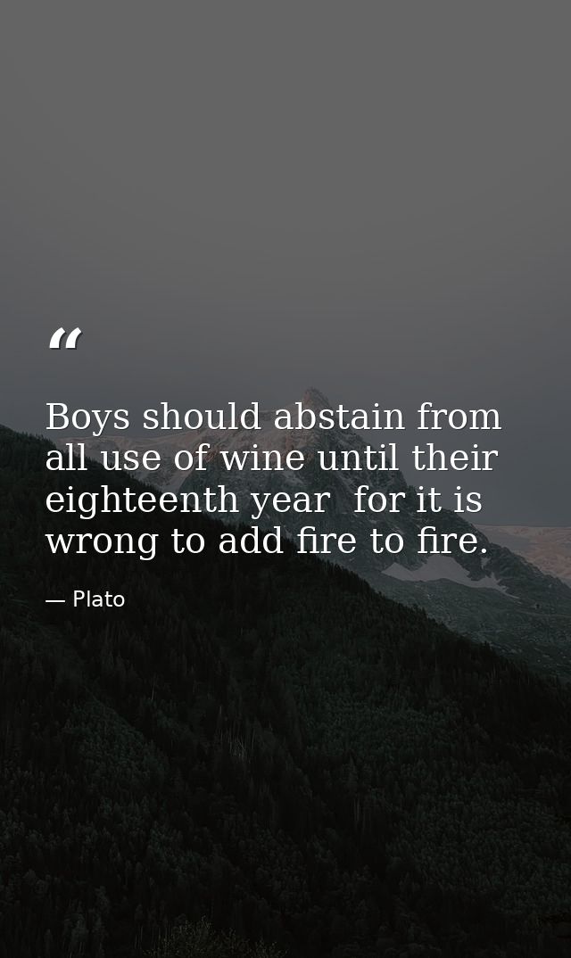 Boys should abstain from all use of wine until their eighteenth year  for it is wrong to add fire to fire. — Plato