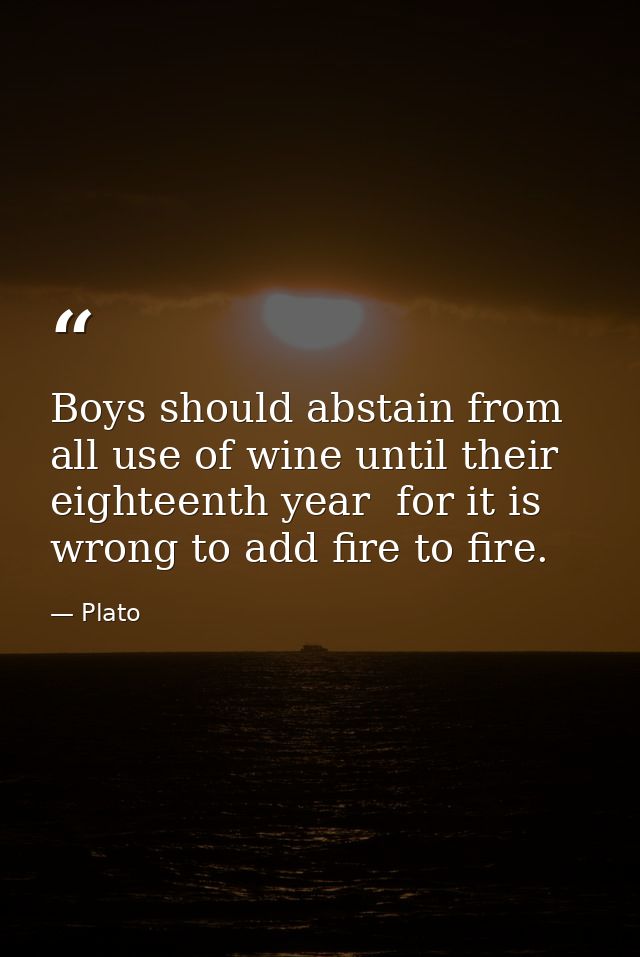 Boys should abstain from all use of wine until their eighteenth year  for it is wrong to add fire to fire. — Plato