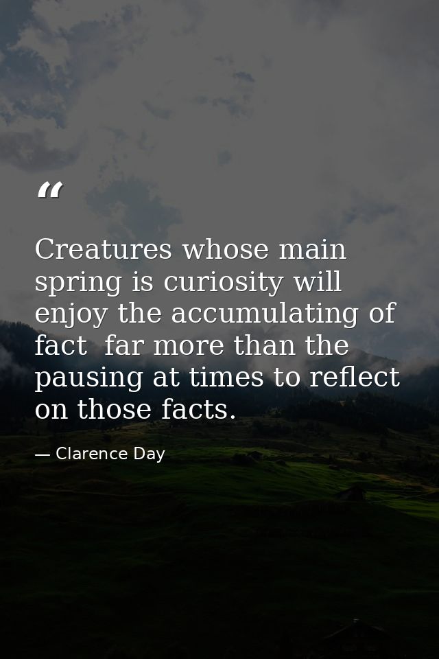 Creatures whose main spring is curiosity will enjoy the accumulating of fact  far more than the pausing at times to refl — Clarence Day