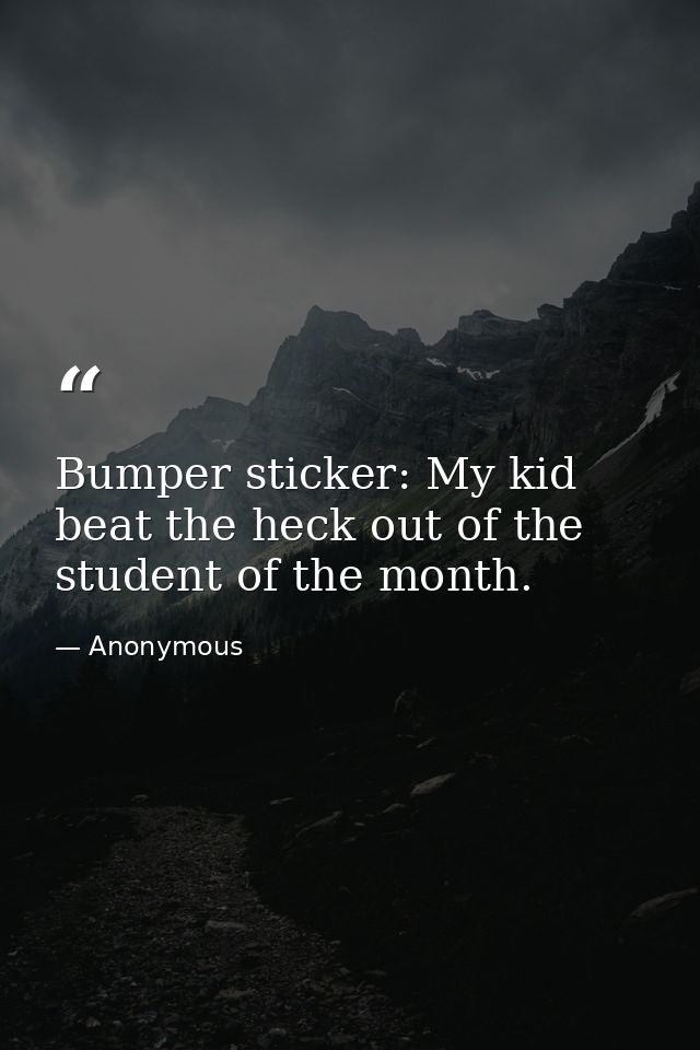Bumper sticker: My kid beat the heck out of the student of the month. — Anonymous