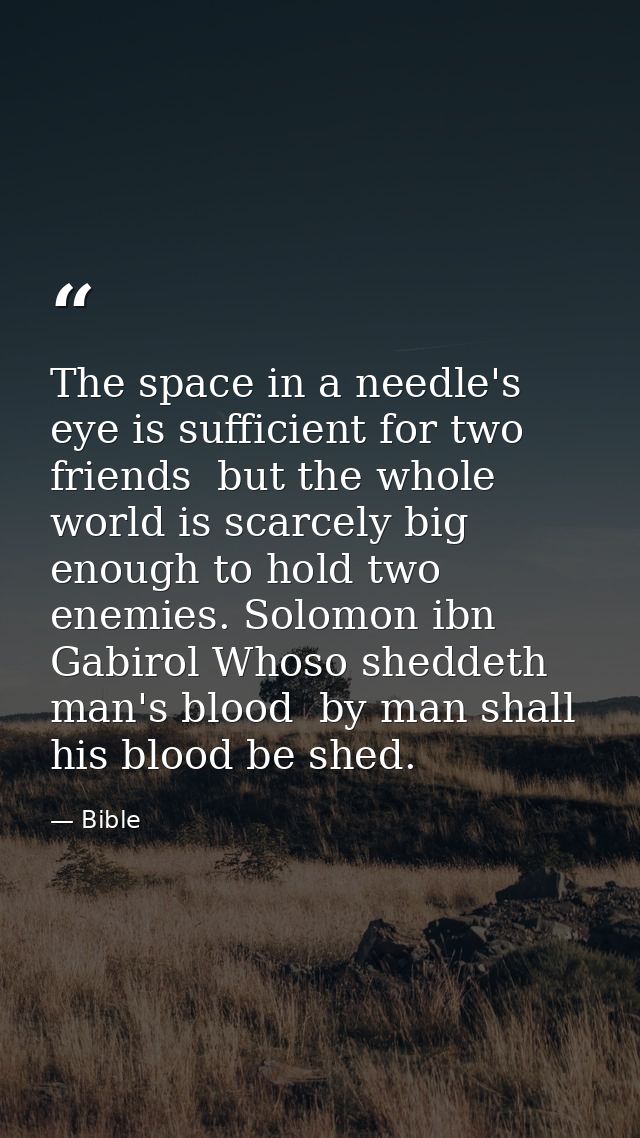 The space in a needle's eye is sufficient for two friends  but the whole world is scarcely big enough to hold two enemie — Bible