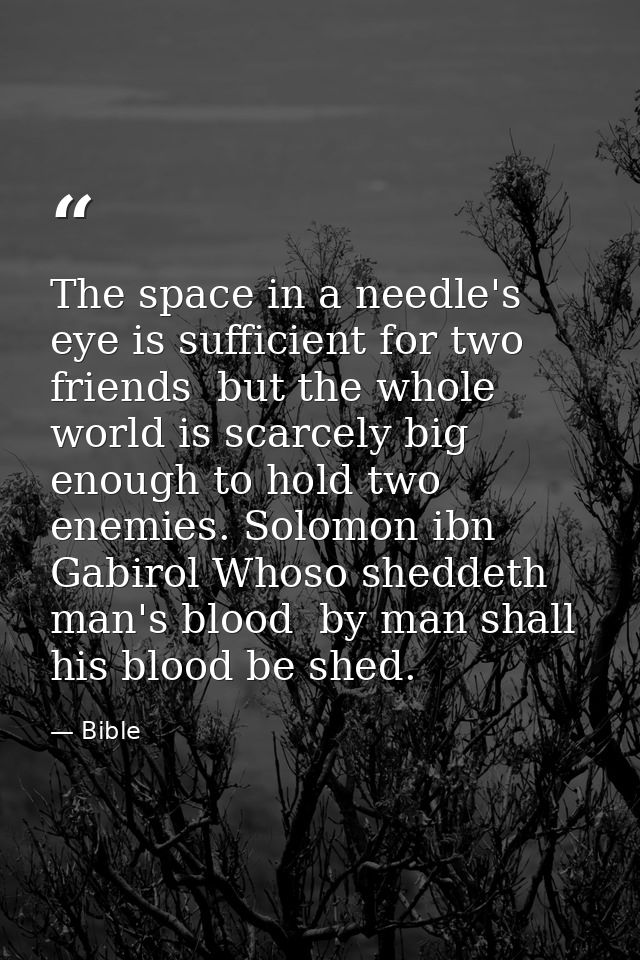 The space in a needle's eye is sufficient for two friends  but the whole world is scarcely big enough to hold two enemie — Bible