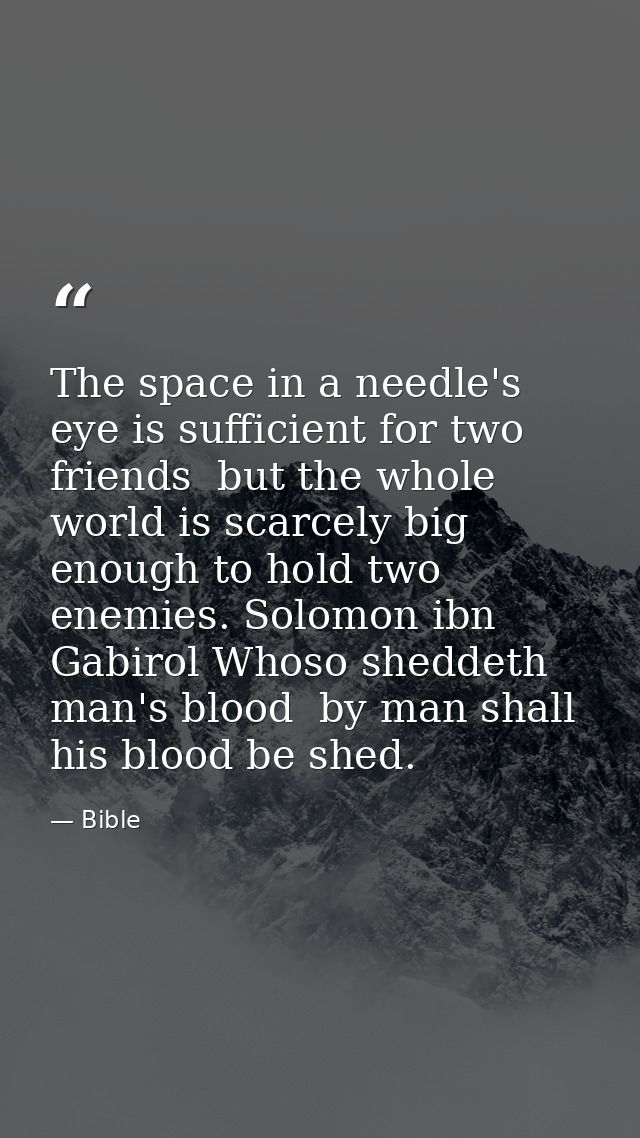 The space in a needle's eye is sufficient for two friends  but the whole world is scarcely big enough to hold two enemie — Bible