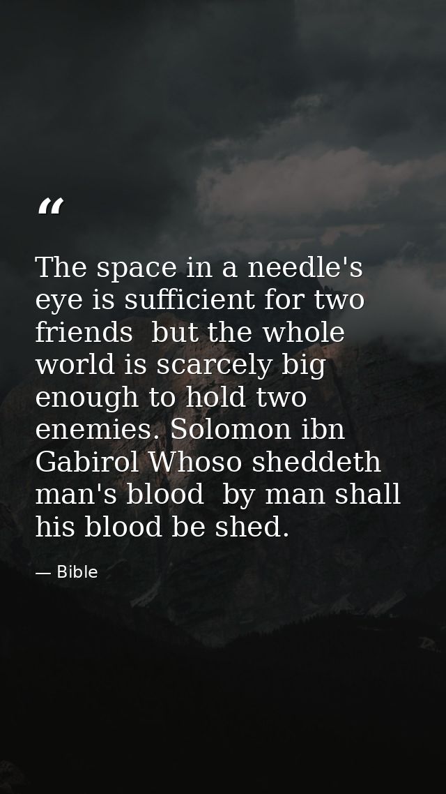 The space in a needle's eye is sufficient for two friends  but the whole world is scarcely big enough to hold two enemie — Bible