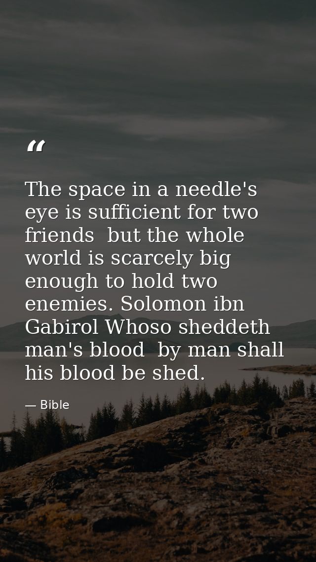 The space in a needle's eye is sufficient for two friends  but the whole world is scarcely big enough to hold two enemie — Bible