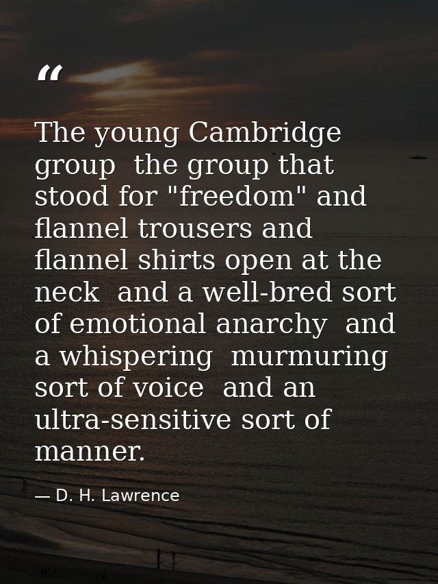 The young Cambridge group  the group that stood for "freedom" and flannel trousers and flannel shirts open at the neck   — D. H. Lawrence