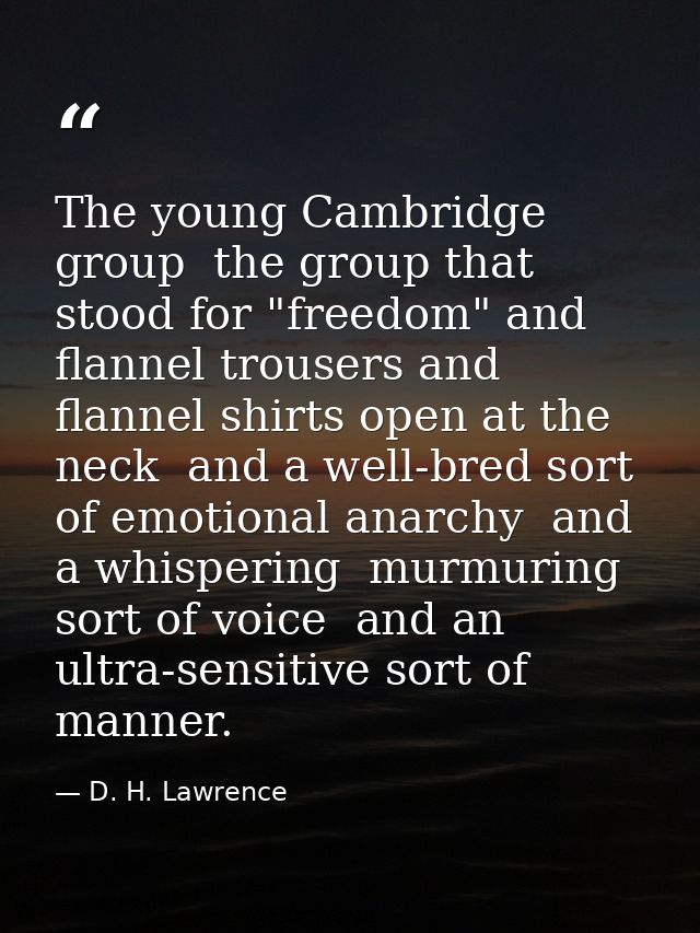 The young Cambridge group  the group that stood for "freedom" and flannel trousers and flannel shirts open at the neck   — D. H. Lawrence