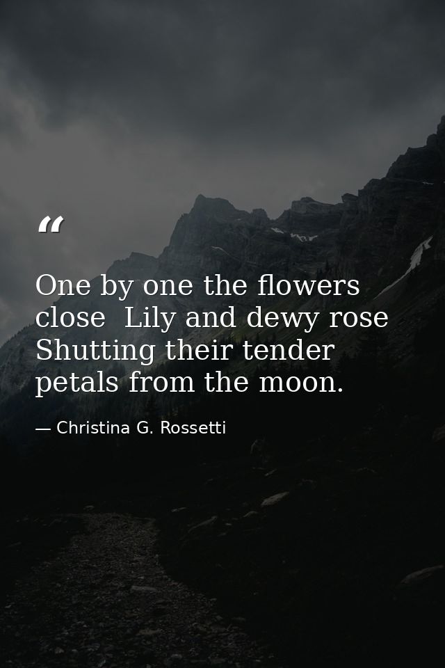 One by one the flowers close  Lily and dewy rose Shutting their tender petals from the moon. — Christina G. Rossetti