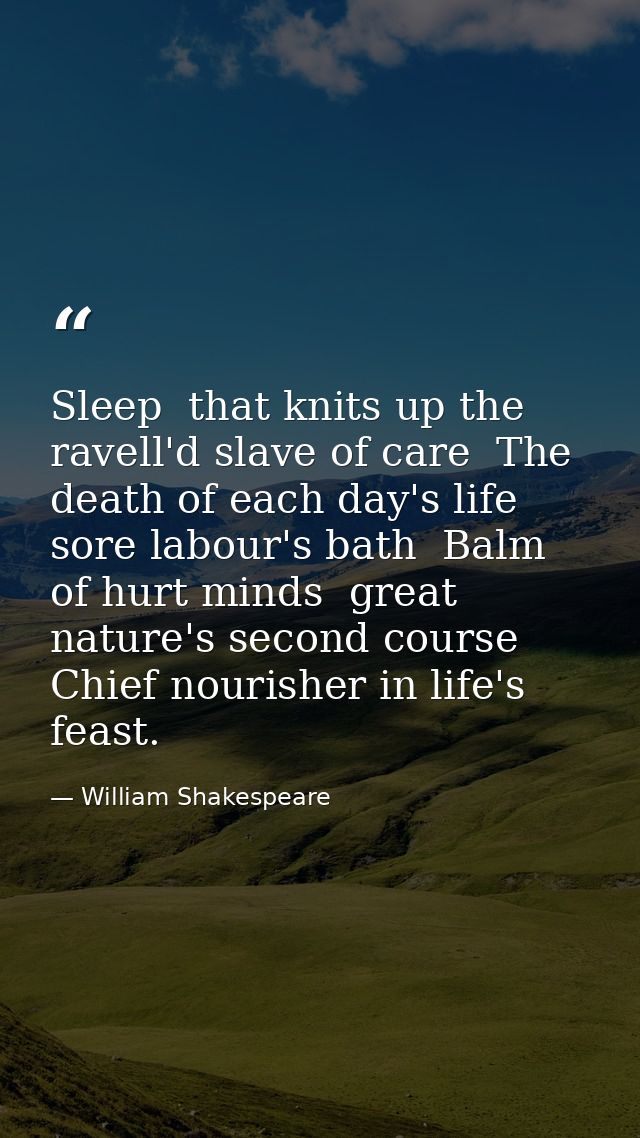 Sleep  that knits up the ravell'd slave of care  The death of each day's life  sore labour's bath  Balm of hurt minds  g — William Shakespeare