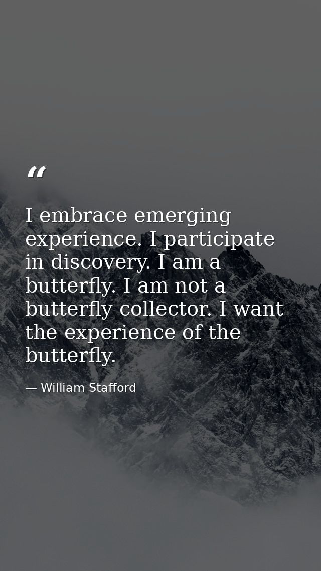 I embrace emerging experience. I participate in discovery. I am a butterfly. I am not a butterfly collector. I want the  — William Stafford
