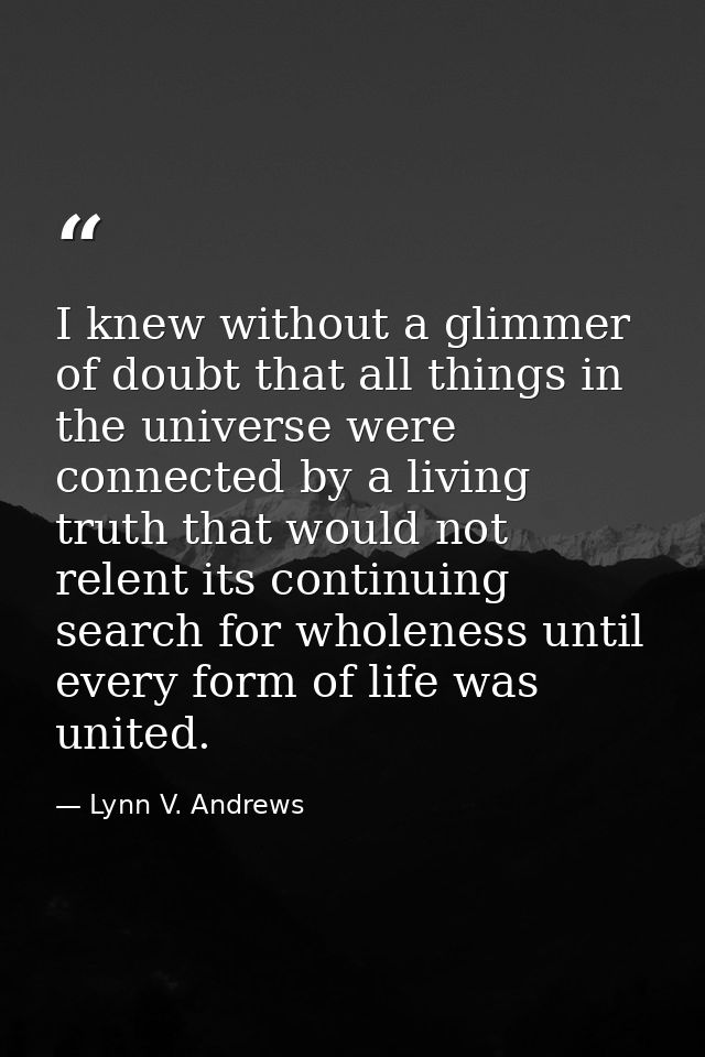 I knew without a glimmer of doubt that all things in the universe were connected by a living truth that would not relent — Lynn V. Andrews