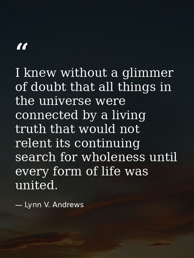 I knew without a glimmer of doubt that all things in the universe were connected by a living truth that would not relent — Lynn V. Andrews