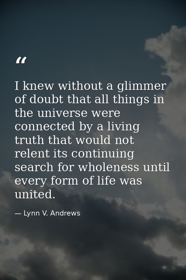 I knew without a glimmer of doubt that all things in the universe were connected by a living truth that would not relent — Lynn V. Andrews