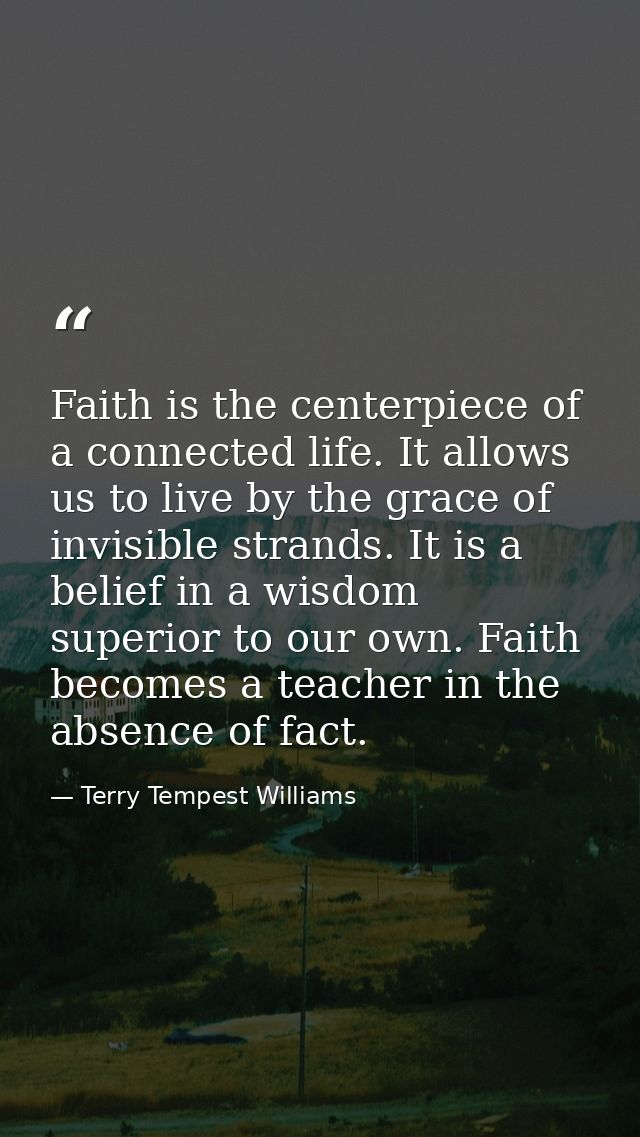 Faith is the centerpiece of a connected life. It allows us to live by the grace of invisible strands. It is a belief in  — Terry Tempest Williams