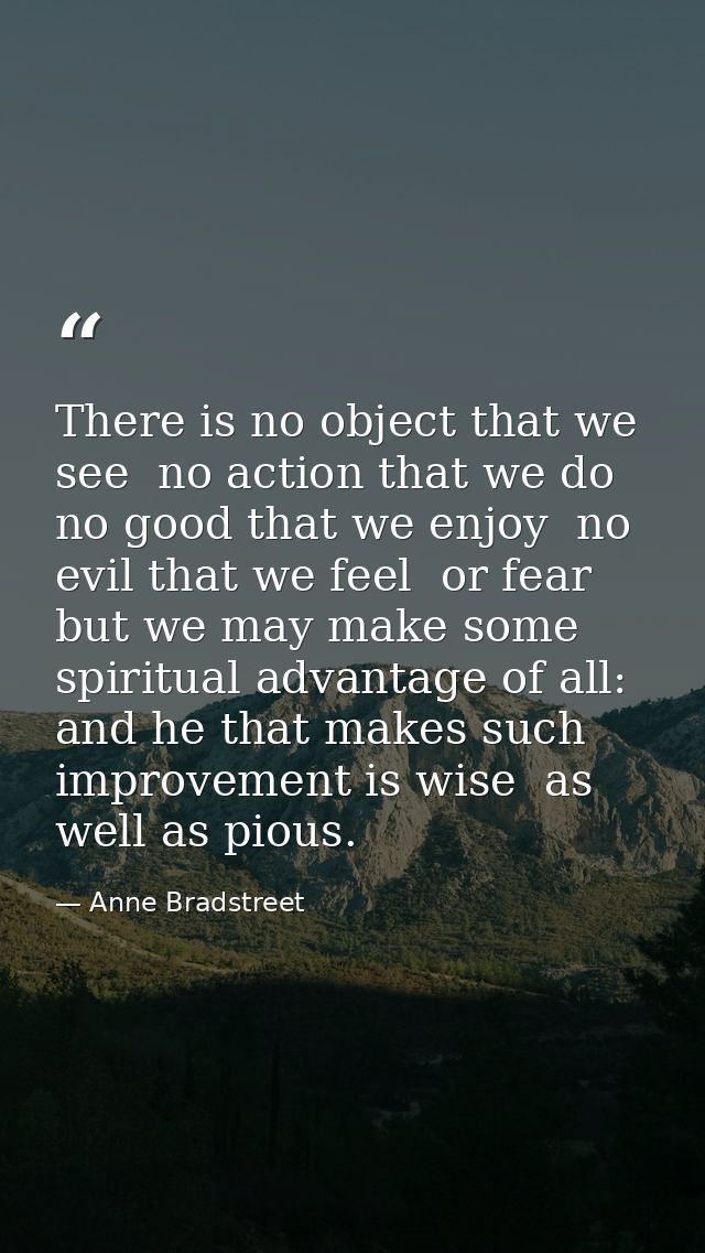 There is no object that we see  no action that we do  no good that we enjoy  no evil that we feel  or fear  but we may m — Anne Bradstreet