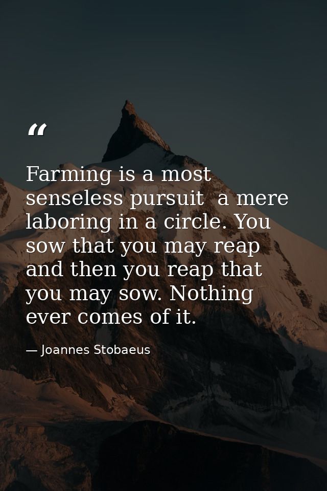 Farming is a most senseless pursuit  a mere laboring in a circle. You sow that you may reap  and then you reap that you  — Joannes Stobaeus