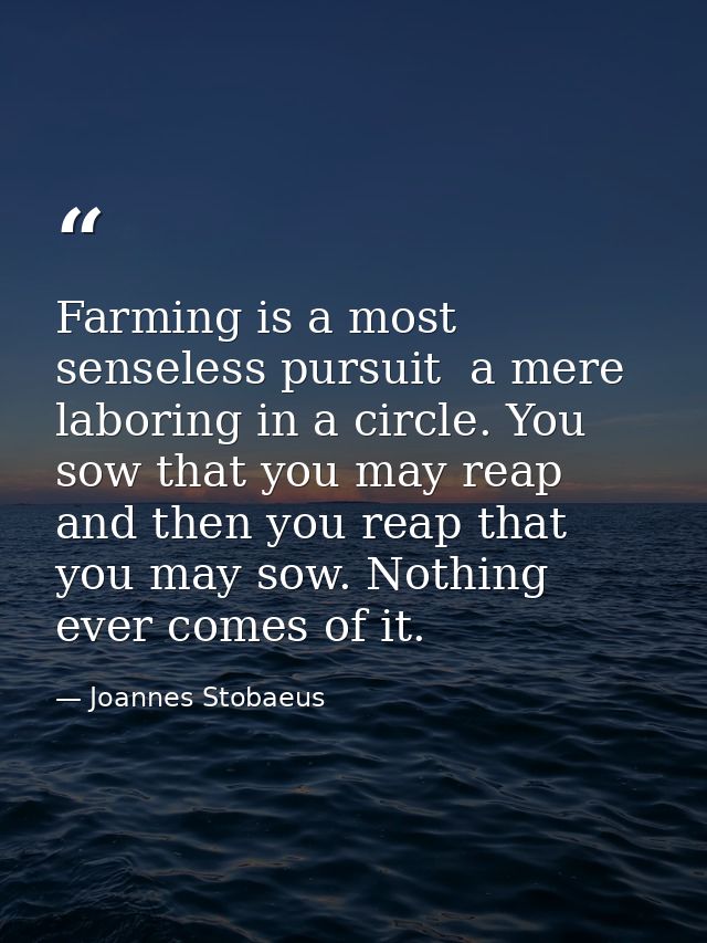 Farming is a most senseless pursuit  a mere laboring in a circle. You sow that you may reap  and then you reap that you  — Joannes Stobaeus