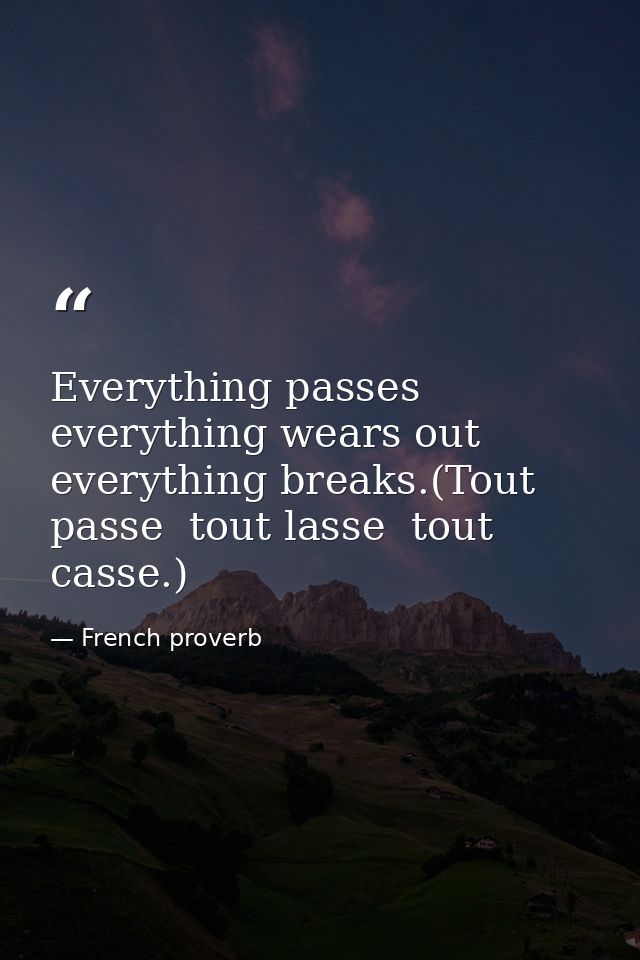 Everything passes  everything wears out  everything breaks.(Tout passe  tout lasse  tout casse.) — French proverb