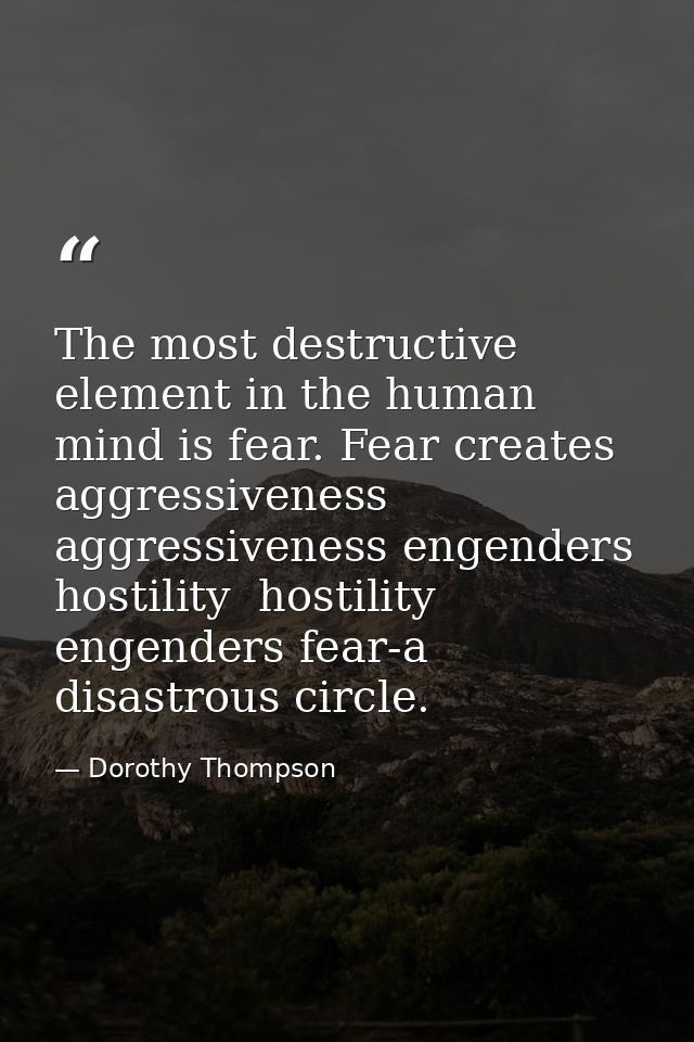 The most destructive element in the human mind is fear. Fear creates aggressiveness  aggressiveness engenders hostility  — Dorothy Thompson