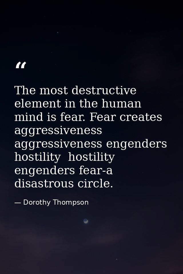 The most destructive element in the human mind is fear. Fear creates aggressiveness  aggressiveness engenders hostility  — Dorothy Thompson