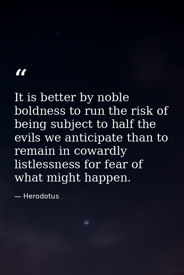 It is better by noble boldness to run the risk of being subject to half the evils we anticipate than to remain in coward — Herodotus