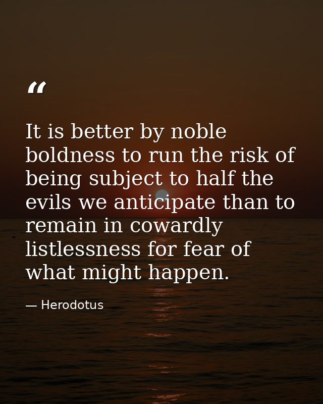 It is better by noble boldness to run the risk of being subject to half the evils we anticipate than to remain in coward — Herodotus
