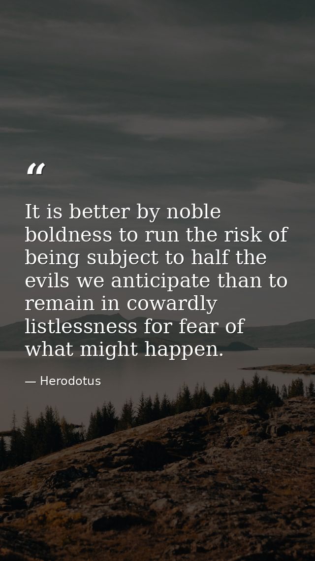It is better by noble boldness to run the risk of being subject to half the evils we anticipate than to remain in coward — Herodotus