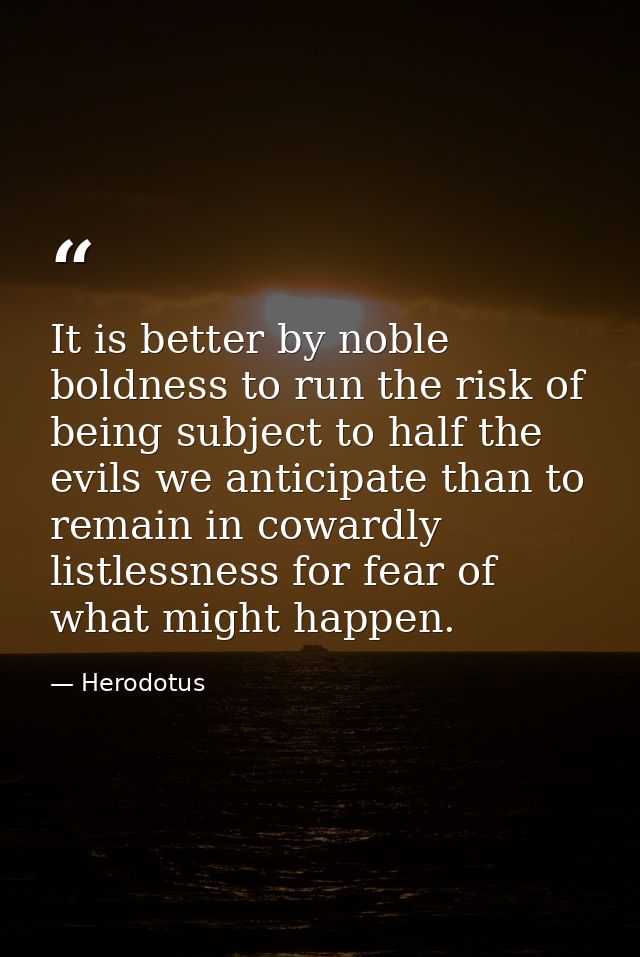 It is better by noble boldness to run the risk of being subject to half the evils we anticipate than to remain in coward — Herodotus