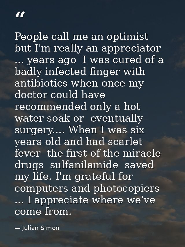 People call me an optimist  but I'm really an appreciator ... years ago  I was cured of a badly infected finger with ant — Julian Simon