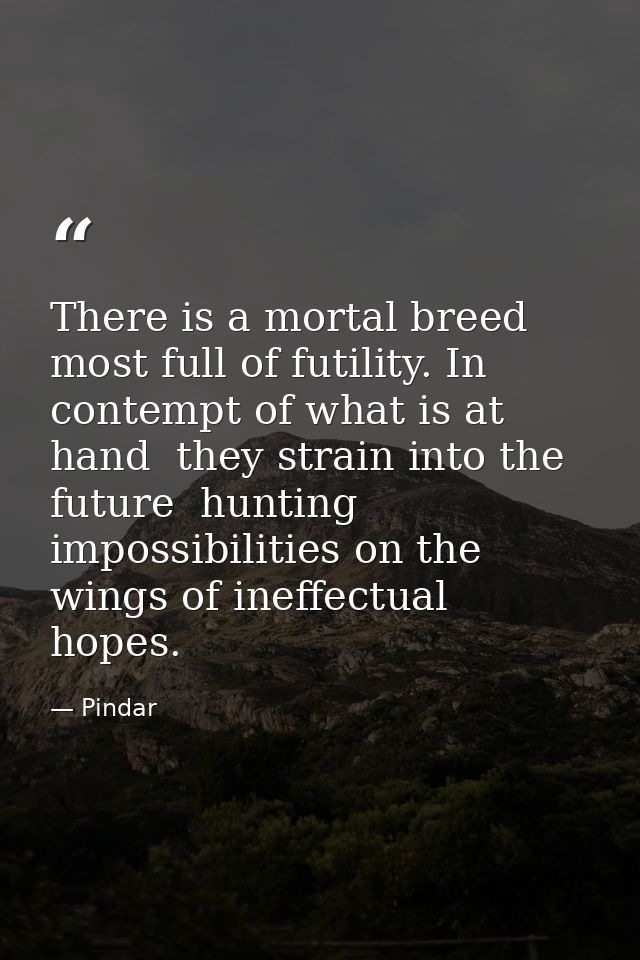 There is a mortal breed most full of futility. In contempt of what is at hand  they strain into the future  hunting impo — Pindar