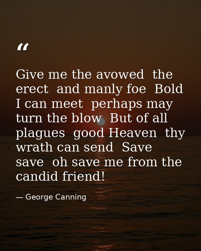 Give me the avowed  the erect  and manly foe  Bold I can meet  perhaps may turn the blow  But of all plagues  good Heave — George Canning