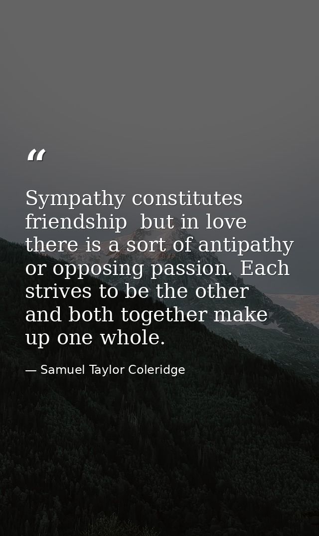 Sympathy constitutes friendship  but in love there is a sort of antipathy  or opposing passion. Each strives to be the o — Samuel Taylor Coleridge