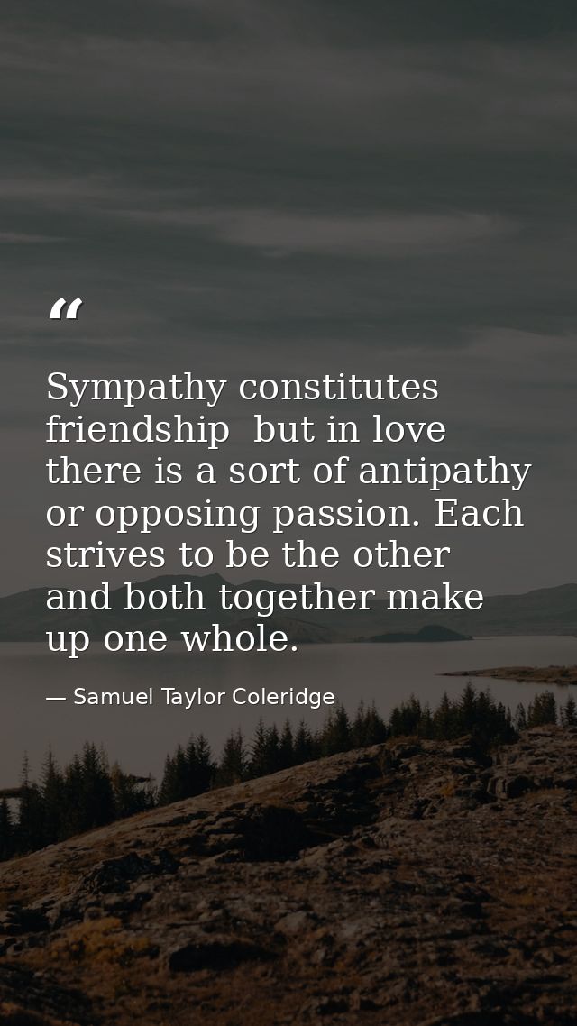 Sympathy constitutes friendship  but in love there is a sort of antipathy  or opposing passion. Each strives to be the o — Samuel Taylor Coleridge