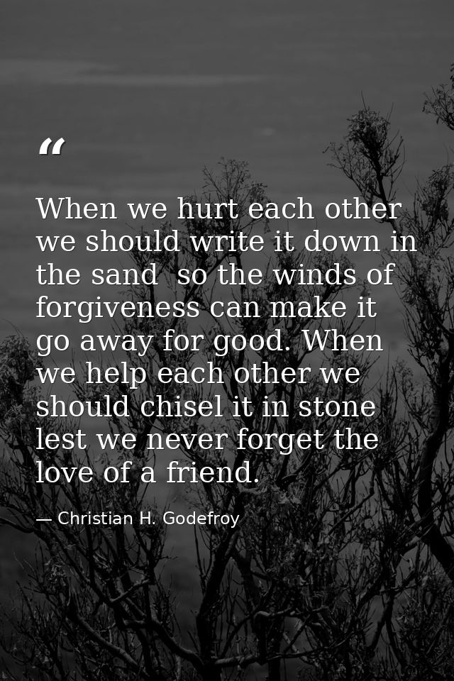 When we hurt each other we should write it down in the sand  so the winds of forgiveness can make it go away for good. W — Christian H. Godefroy