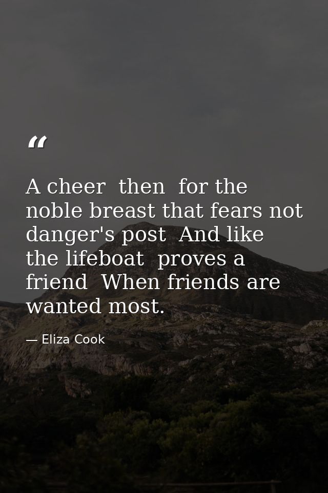 A cheer  then  for the noble breast that fears not danger's post  And like the lifeboat  proves a friend  When friends a — Eliza Cook